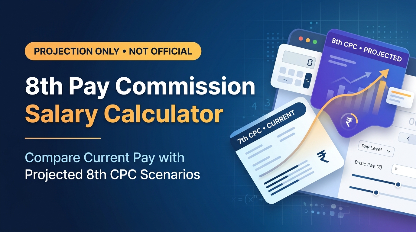 Illustration of a salary calculator comparing current 7th CPC pay with projected 8th CPC salary scenarios