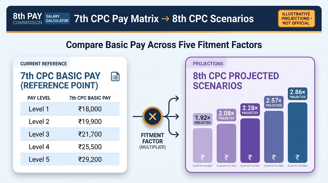Reference illustration of 7th CPC pay matrix levels and projected 8th CPC fitment-factor scenarios